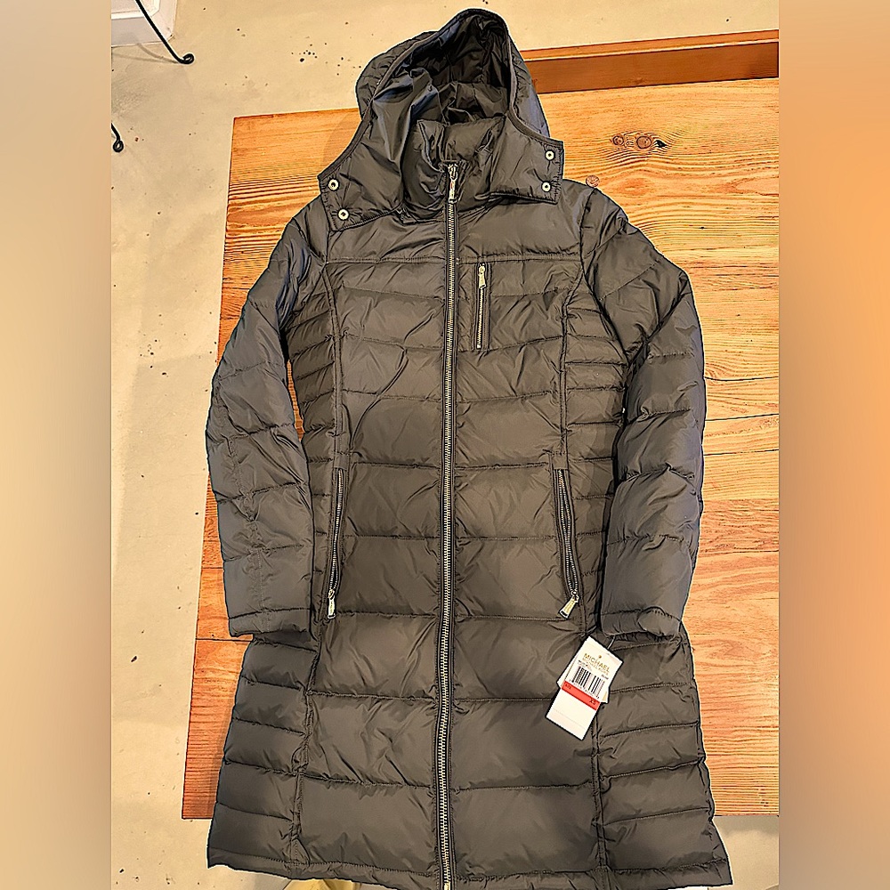 Michael Kors Down Coat with hood; olive green, NWT!